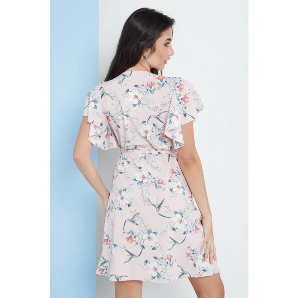 Angel Sleeves Wrap Dress In Pink Floral Print - Dresses