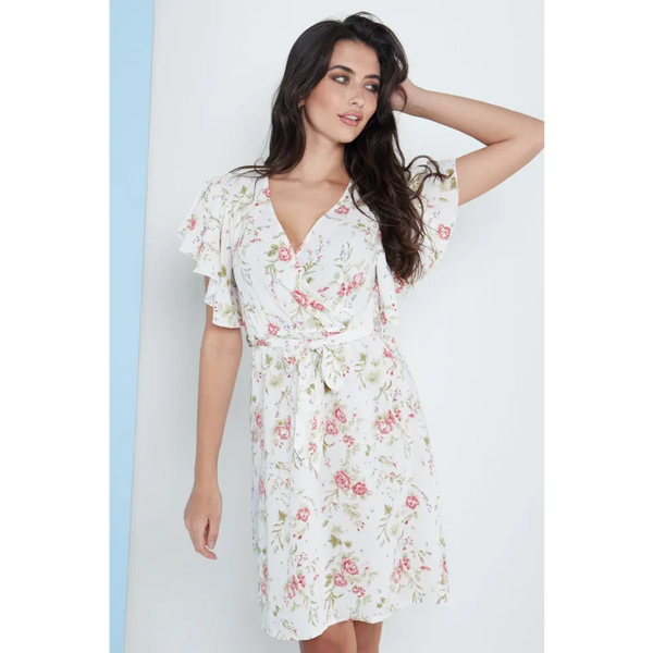 Angel Sleeves Wrap Dress In White Floral Print - Dresses