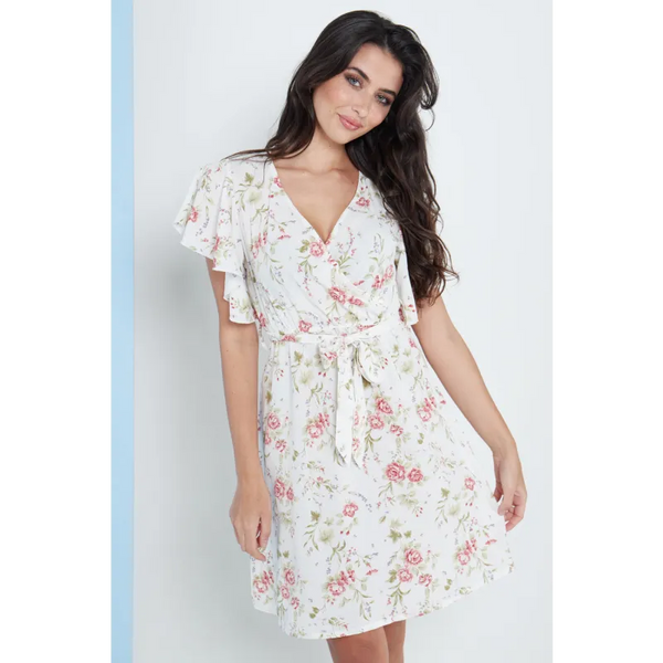 Angel Sleeves Wrap Dress In White Floral Print - Dresses