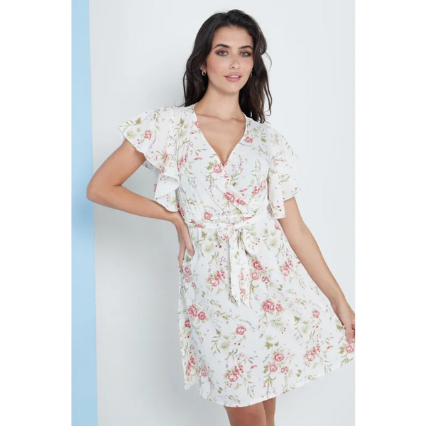 Angel Sleeves Wrap Dress In White Floral Print - Dresses