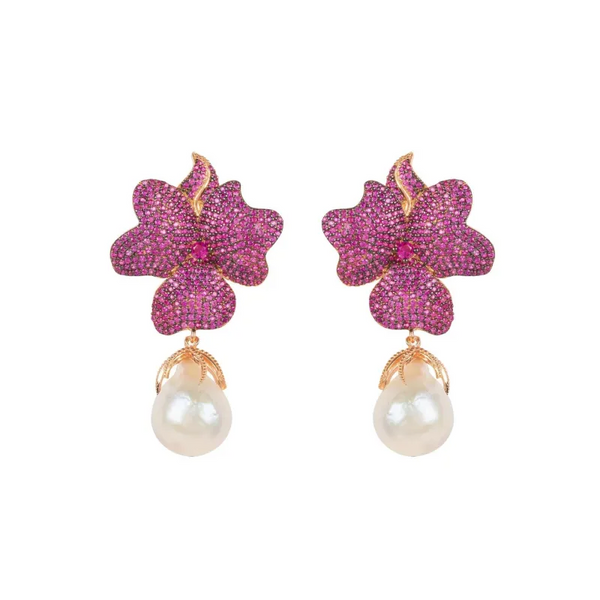 Baroque Pearl Ruby Red Flower Earrings Rose Gold