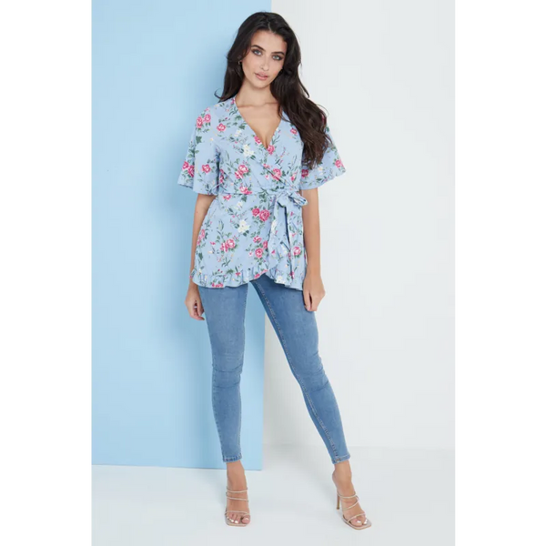 Blue Floral Wrap Top - Shirts & Tops