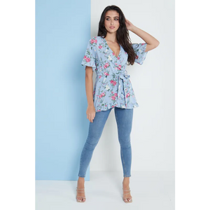 Blue Floral Wrap Top - Shirts & Tops