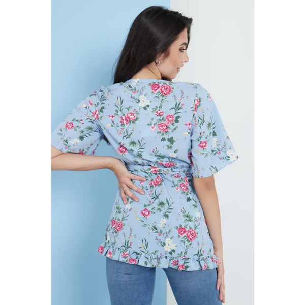 Blue Floral Wrap Top - Shirts & Tops