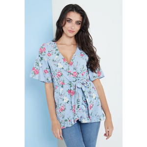 Blue Floral Wrap Top - Shirts & Tops