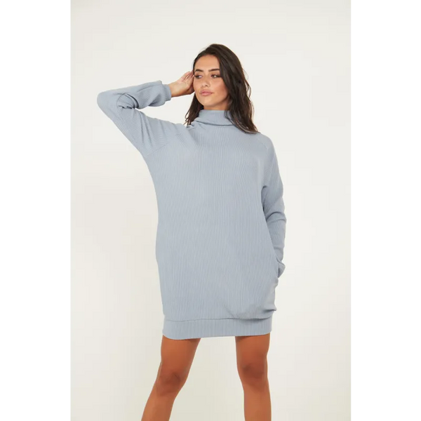 Blue Jumper Dress With Roll Neck And Pockets - Dresses