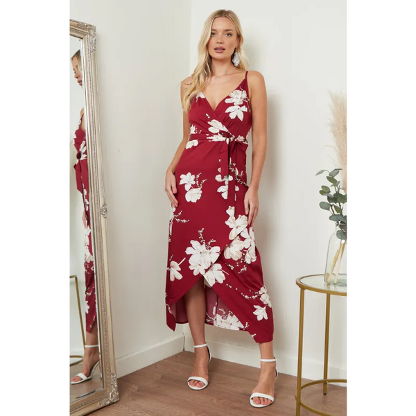 Cami Wrap Midi Dress In Red Floral Print - Dresses