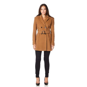 De La Creme - Womens Camel Textured Short Belted Coat -