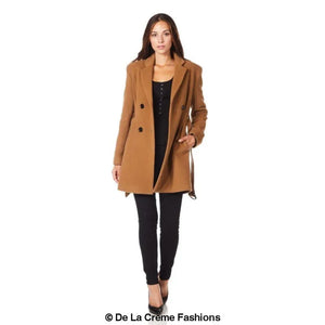 De La Creme - Womens Camel Textured Short Belted Coat -