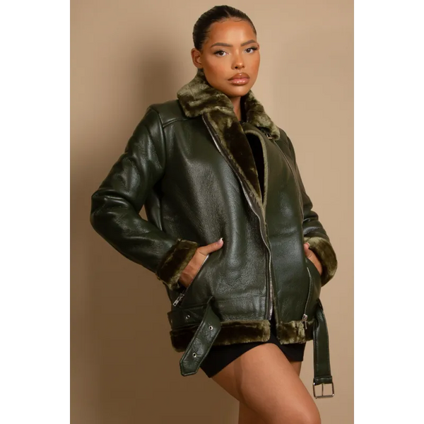 Faux Fur Collar Aviator Jacket - Coats & Jackets