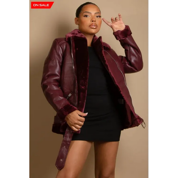 Faux Fur Collar Aviator Jacket - Small / Wine Coats &