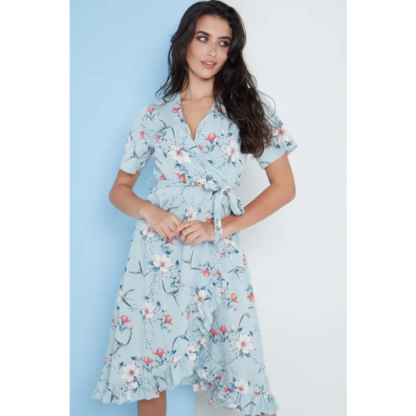 Floral Frill Midi Wrap Dress In Blue - Dresses