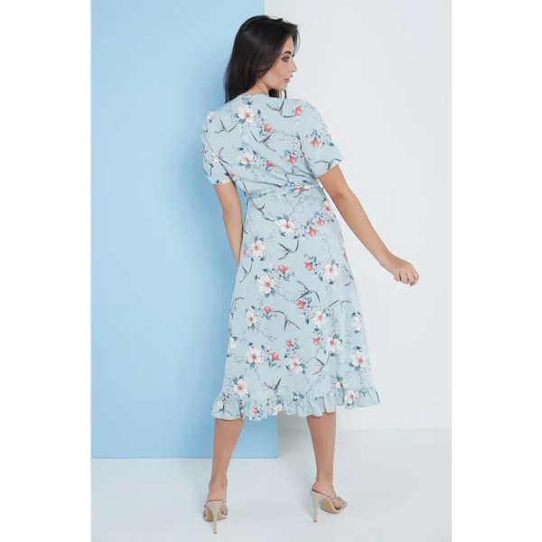 Floral Frill Midi Wrap Dress In Blue - Dresses