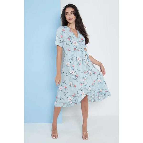 Floral Frill Midi Wrap Dress In Blue - Dresses