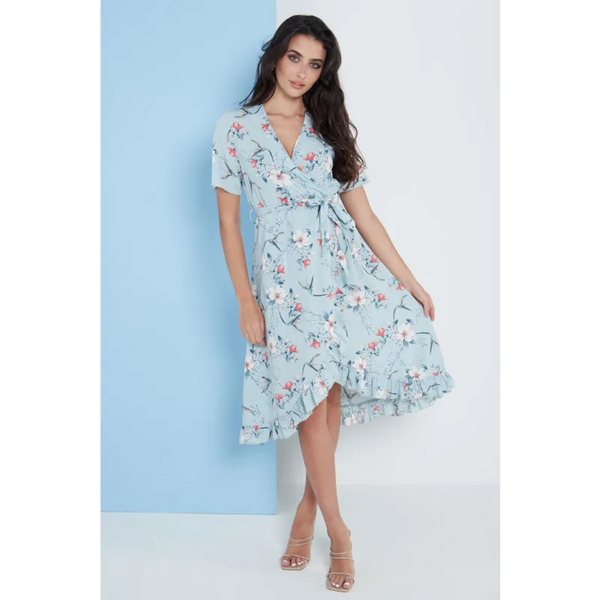 Floral Frill Midi Wrap Dress In Blue - Dresses