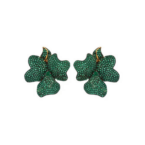 Flower Large Stud Earrings Gold Emerald Green