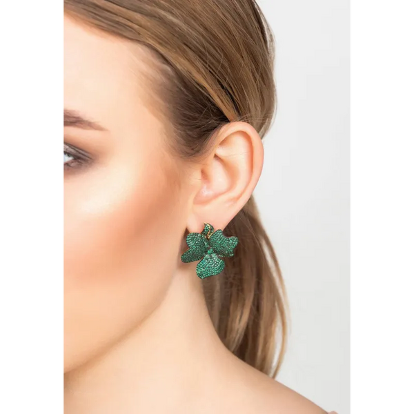 Flower Large Stud Earrings Gold Emerald Green