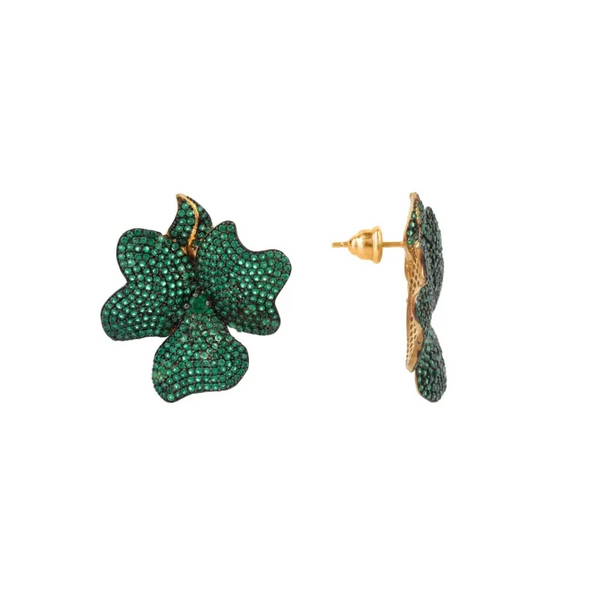 Flower Large Stud Earrings Gold Emerald Green