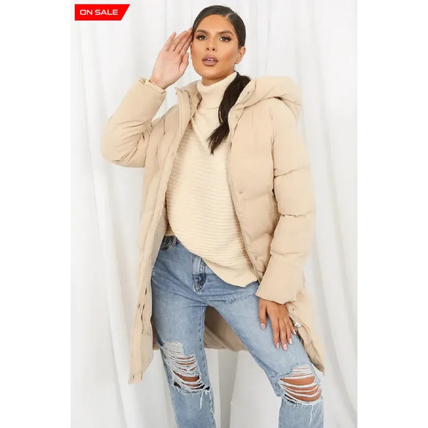 Hooded Longline Puffer Coat - Small / Beige - Jackets &