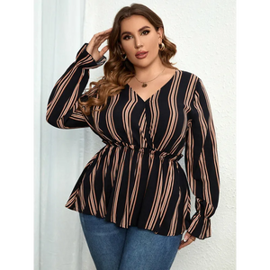 Ladies plus size shirt striped long sleeve waist - Top