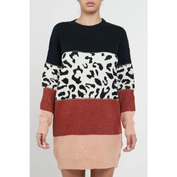 Leopard Colour Block Sweater Dress - ONE SIZE - Dresses