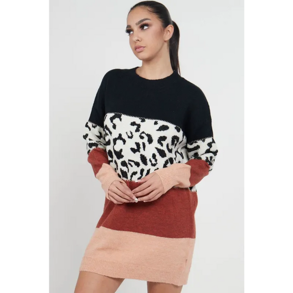 Leopard Colour Block Sweater Dress - ONE SIZE - Dresses