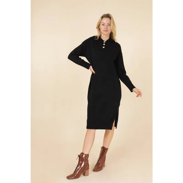 Longline Hooded Jumper Dress In Black - Dresses