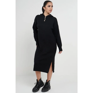 Longline Hooded Jumper Dress In Black - Dresses