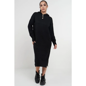 Longline Hooded Jumper Dress In Black - Dresses