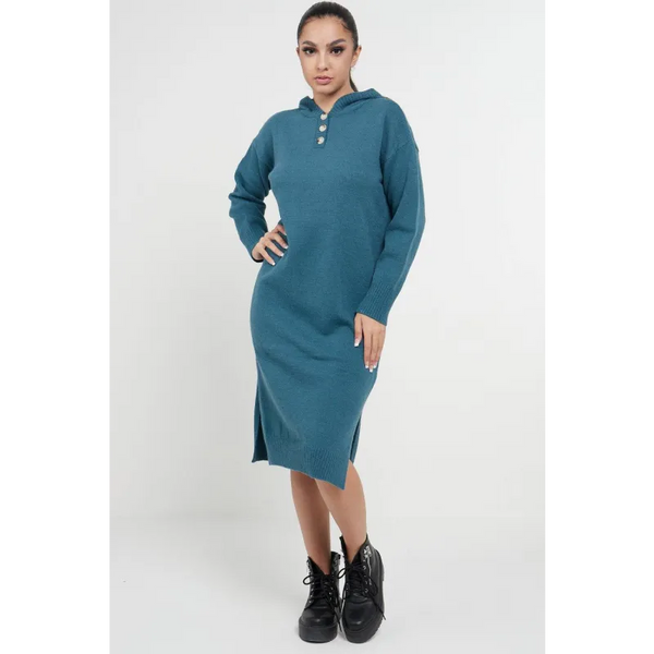 Longline Hooded Jumper Dress In Jade Green - Dresses