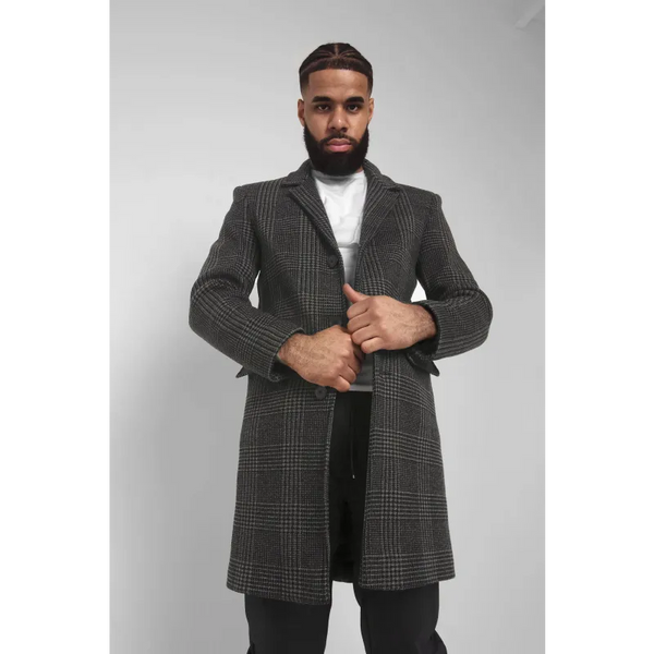 Mens Single Breasted Check Design Overcoat - Coats & Jackets