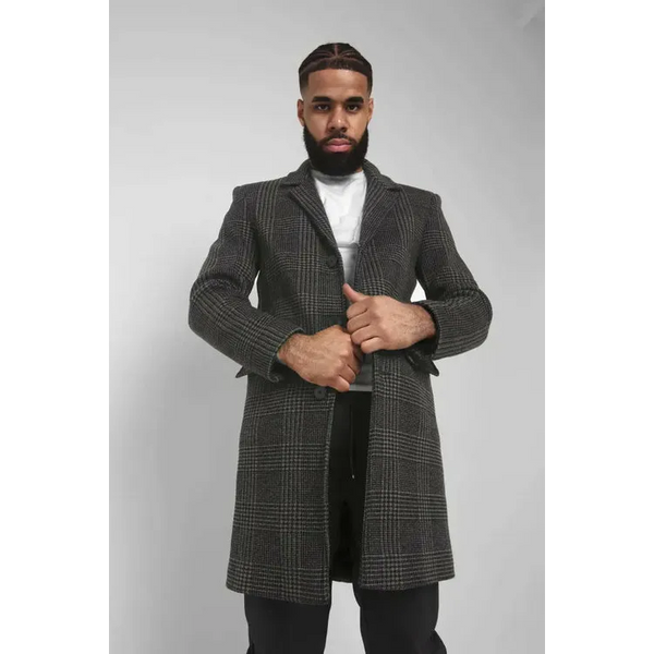 Mens Single Breasted Check Design Overcoat - M / Grey -