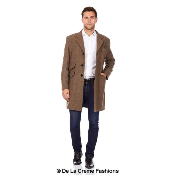 Mens Wool Blend Herringbone Design Coat - Coats & Jackets