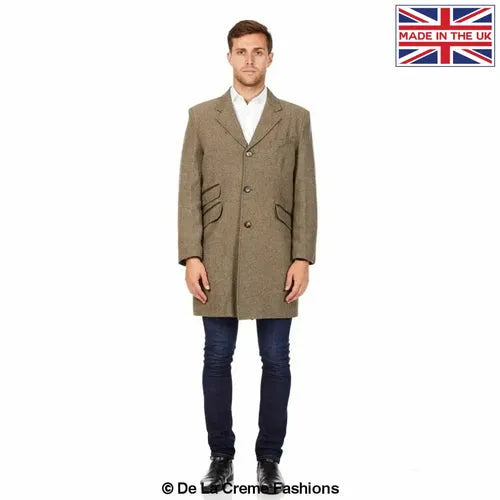 Mens Wool Blend Herringbone Design Coat - S / Green Coats &