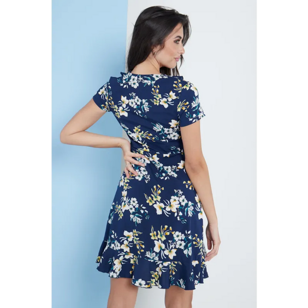 Navy Blue Floral Wrap Frill Dress - Dresses