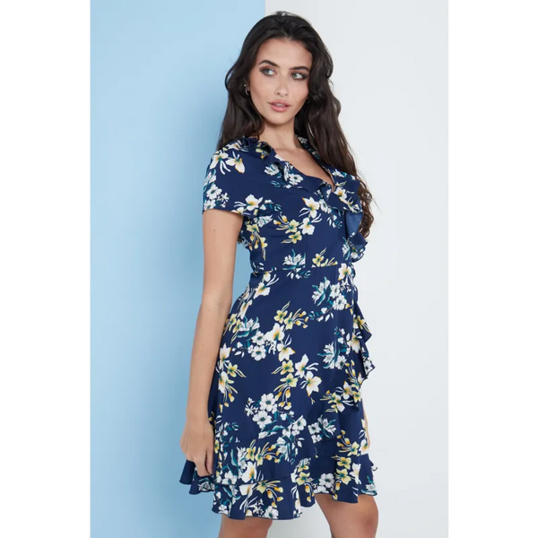 Navy Blue Floral Wrap Frill Dress - Dresses