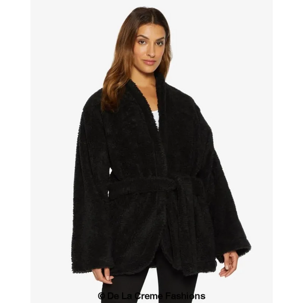 Open Front Belted Teddy Coat - Coats & Jackets