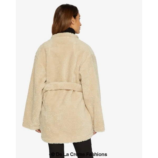 Open Front Belted Teddy Coat - Coats & Jackets