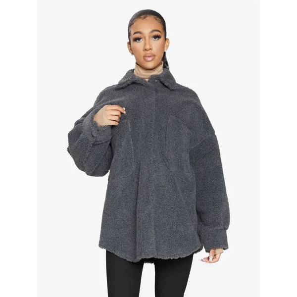 Oversized Patch Pocket Borg Teddy Shacket - Coats & Jackets