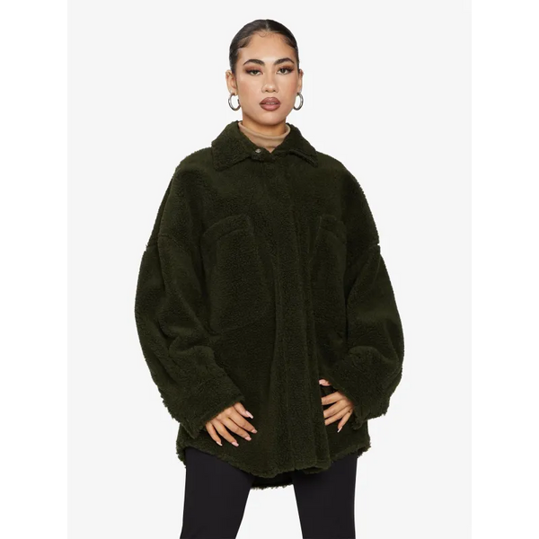 Oversized Patch Pocket Borg Teddy Shacket - Coats & Jackets