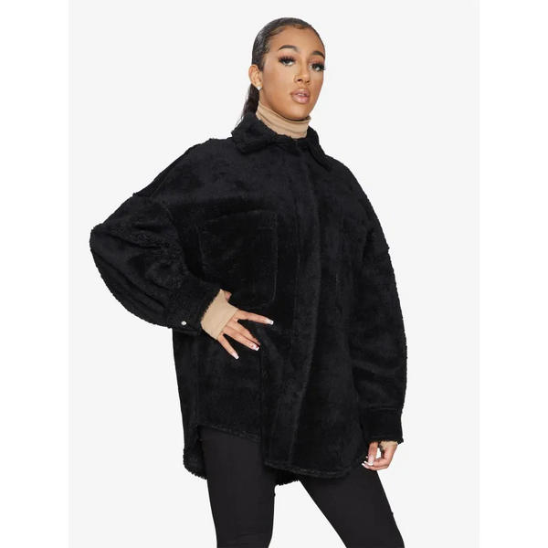 Oversized Patch Pocket Borg Teddy Shacket - Coats & Jackets