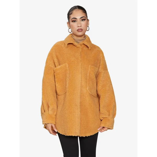 Oversized Patch Pocket Borg Teddy Shacket - Coats & Jackets