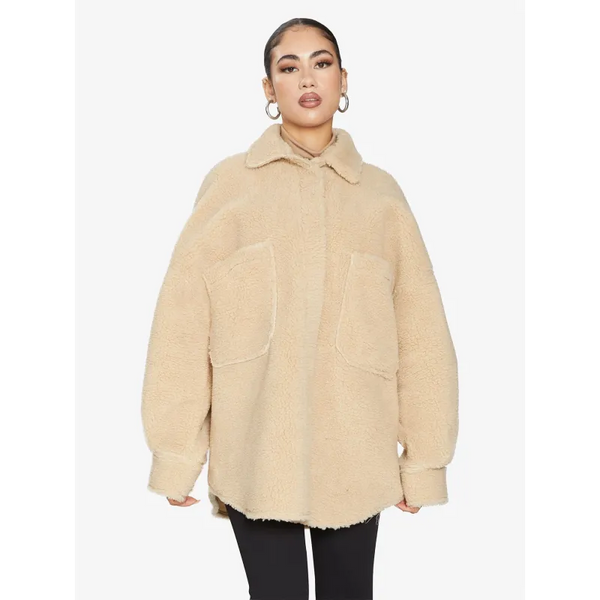 Oversized Patch Pocket Borg Teddy Shacket - Coats & Jackets