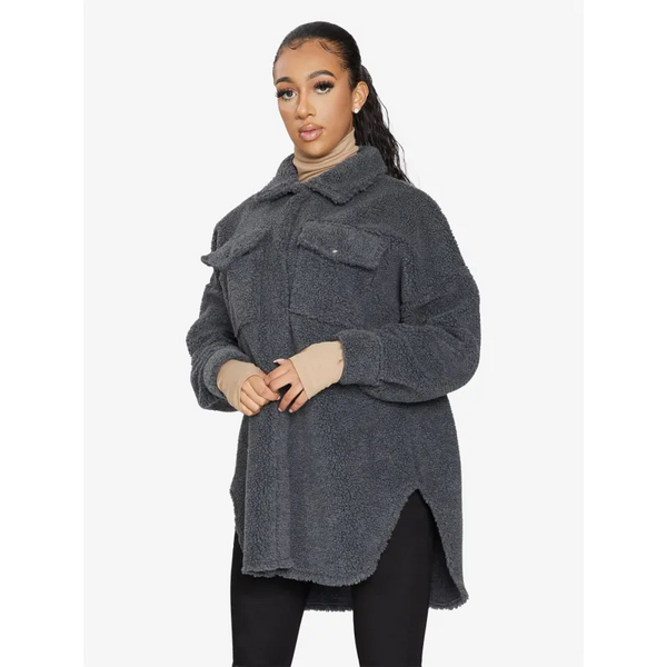 Oversized Stud Button Borg Teddy Shacket - Coats & Jackets