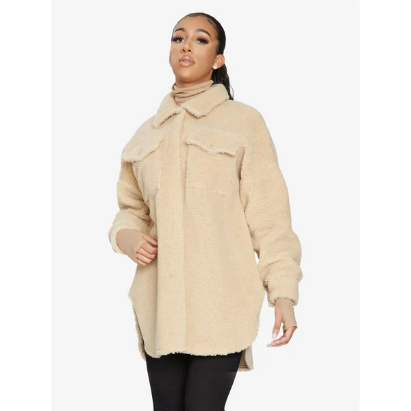 Oversized Stud Button Borg Teddy Shacket - Coats & Jackets