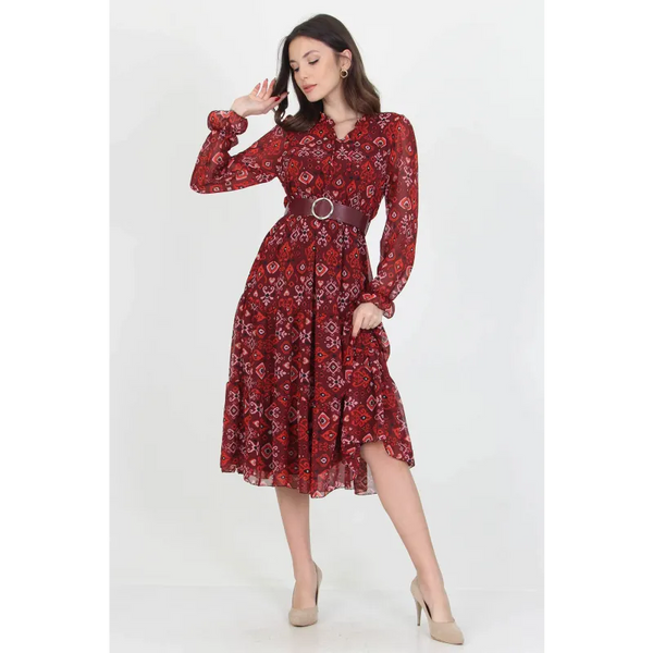 Patterned Chiffon Dress With Belt - Dresses