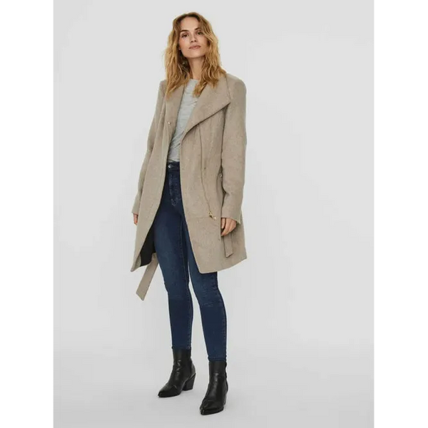 Recycled Wool Blend Belted Winter Coat - S / Beige Coats &