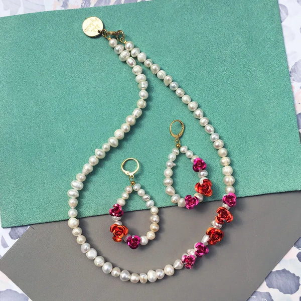 Rose Pearl Earrings + Necklace - Necklaces