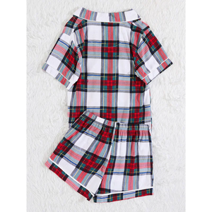 Short sleeve Plaid Knit Pajama Set with Welt Pocket