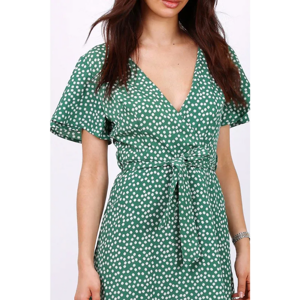 Summer Green Daisy Dot Wrap Front Mini Dress - Dresses